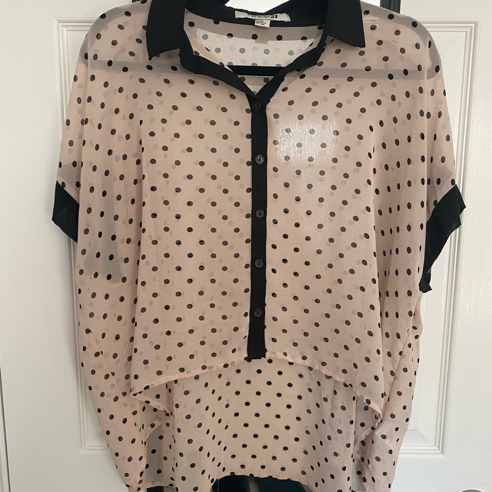 Pink polka dotted sheer button up